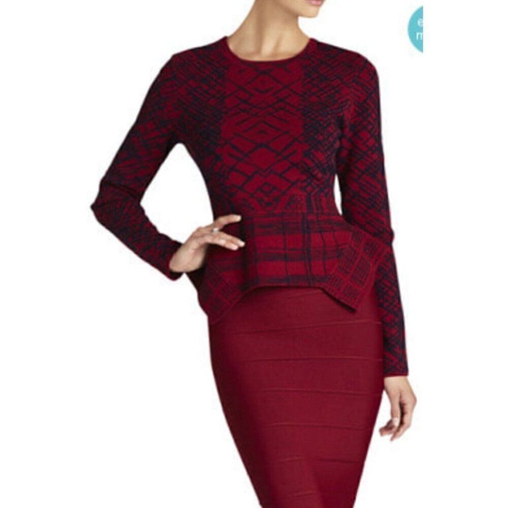 Bcbg Maxazria Red Blue Elizabetta Long Sleeve Sweater Top Xs